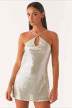 Sequin Cowl Neck Halter Ring Detail Backless Bodycon Mini Dress