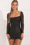 Sequin Long Sleeve Square Neck Bodycon Mini Dress