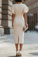 Solid Color Round Neck Ruffle Sleeve Elegant Slim-fit Midi Dress