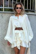 Button Front Round Neck Lantern Sleeve Tiered Ruffle Mini Dress