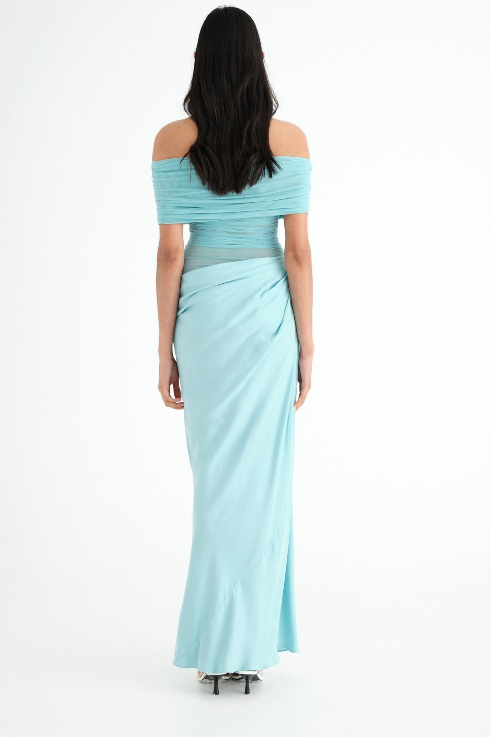 Off Shoulder Ruched Mesh Waist Panel Draped Overlay Maxi Gown