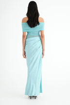 Off Shoulder Ruched Mesh Waist Panel Draped Overlay Maxi Gown