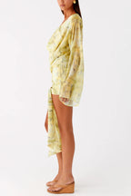 Tie-dye Print V-neck Long-sleeved Ribbon Vacation Mini Dress