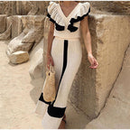 Fashion Color Matching V-neck Pleated Lotus Leaf Holiday Two-piece Set