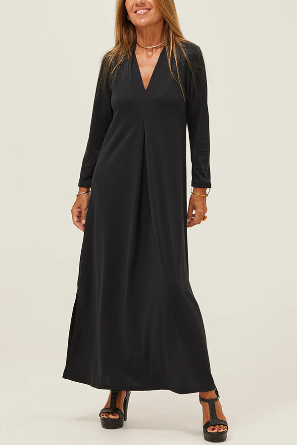 V-Neck Three Quarter Sleeve Relaxed Side Slit Maxi Dress