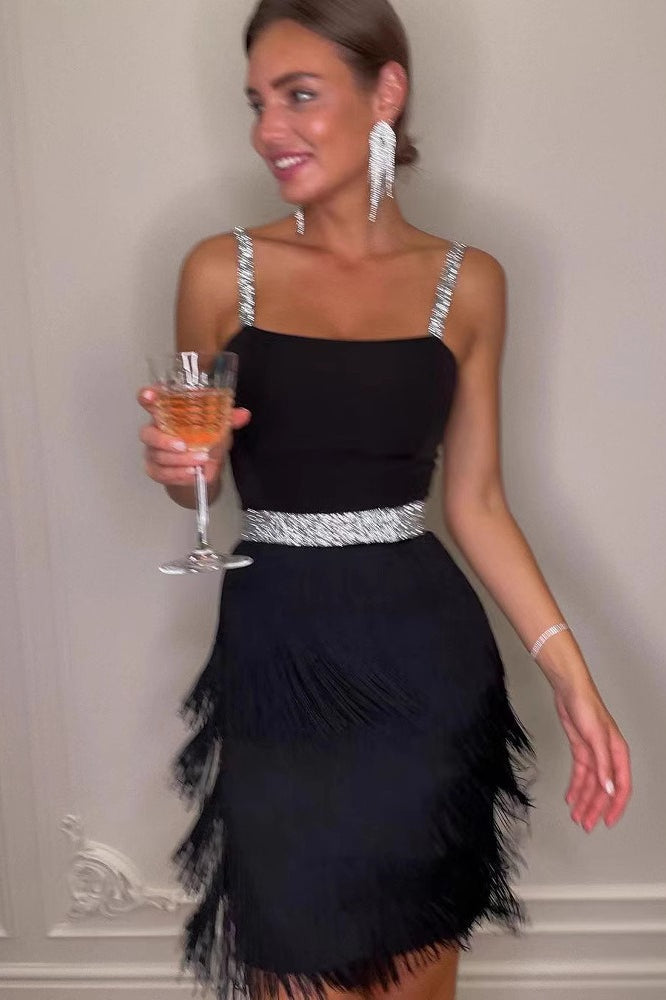 Square Neck Rhinestone Strap Tiered Fringe Mini Cocktail Dress