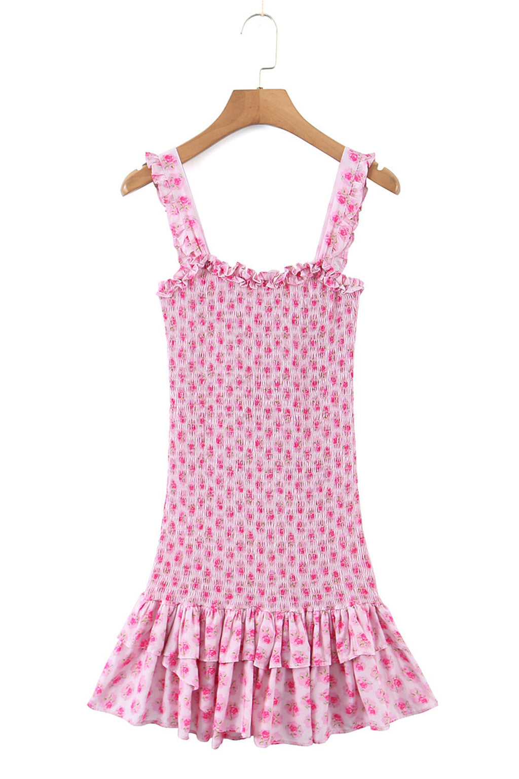 Smocked Square Neck Ruffle Trim Wide Strap Tiered Ditsy Floral Mini Dress