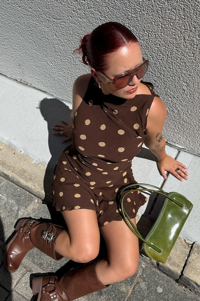 Polka Dot Sleeveless Draped High Neck Ruched Bodycon Mini Dress