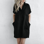 Casual lapel pocket solid color loose cotton and linen dress
