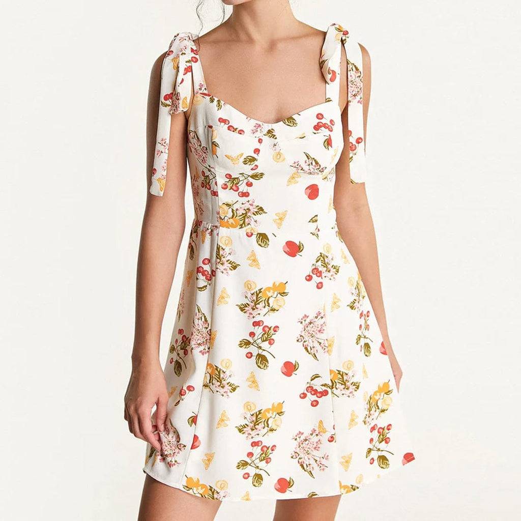 Fruit Print Tie Shoulder Bustier Fit and Flare Mini Dress