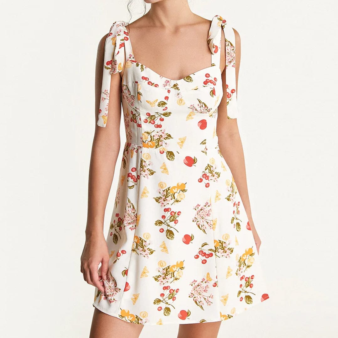 Fruit Print Tie Shoulder Bustier Fit and Flare Mini Dress