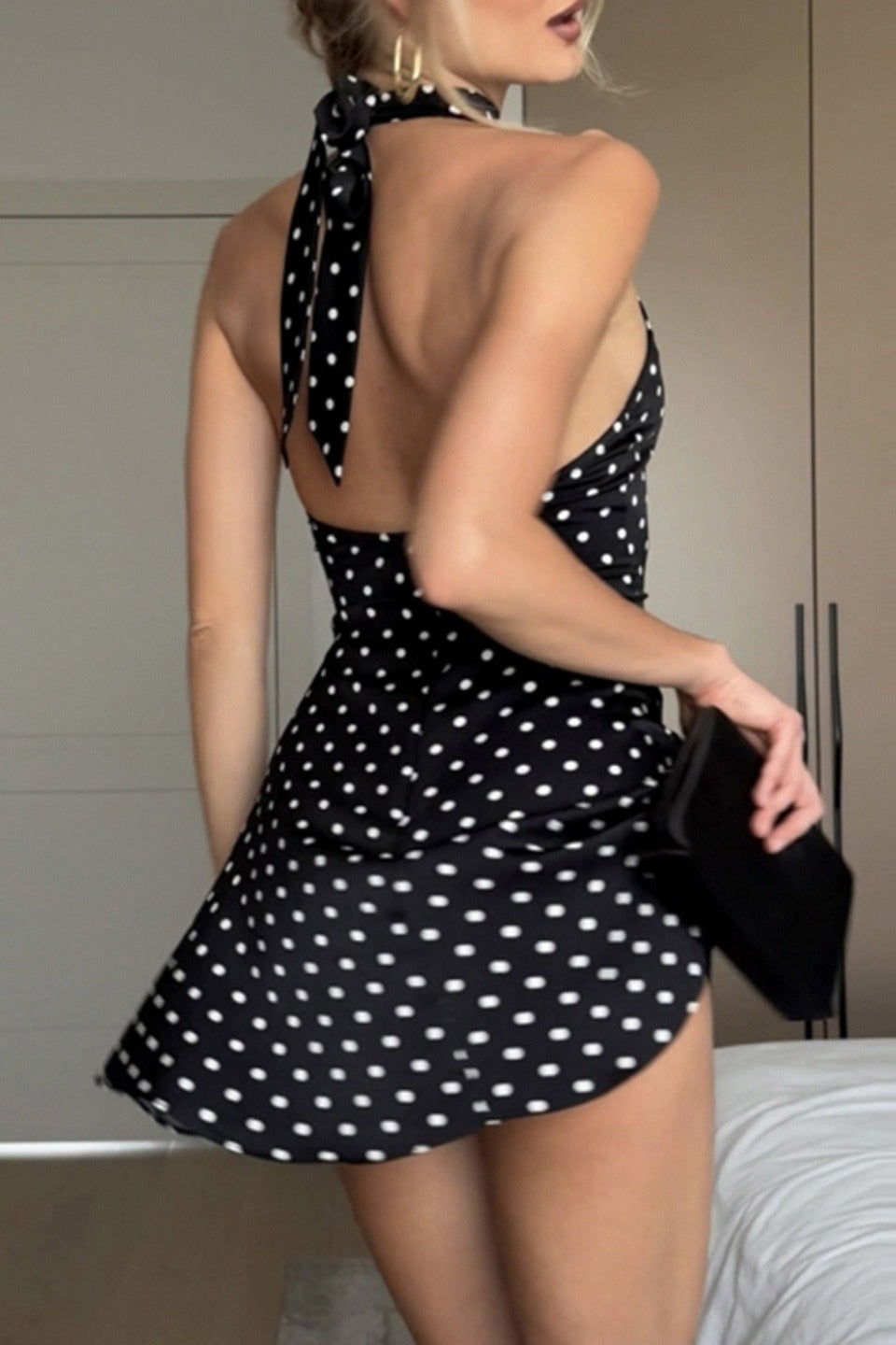 Polka Dot Halter High Neck Sleeveless Shift Mini Dress
