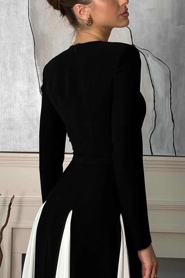 Long Sleeve Crew Neck Paneled Pleated Godet A-Line Maxi Dress
