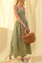Stylish Plaid Print Spaghetti Strap Ruched Casual Pocket Maxi Dress