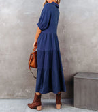 Gauze Button Front Collar Half Sleeve Tiered Pocket Midi Dress