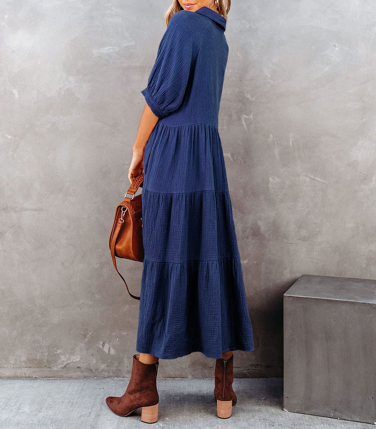 Gauze Button Front Collar Half Sleeve Tiered Pocket Midi Dress