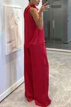 Classic on You Satin High Cowl Neck Top and Elastic Waist Pocket Loose Pants Set