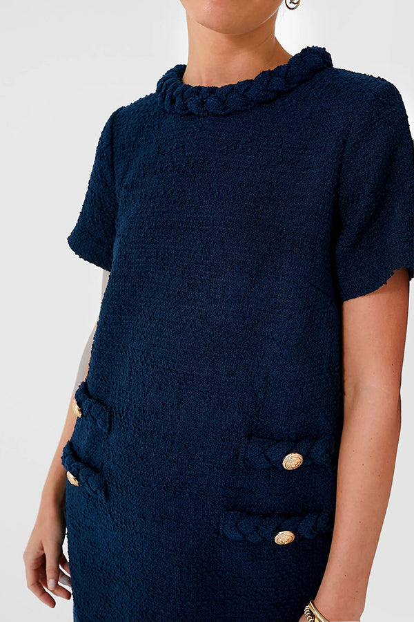 Tweed Braided Trim Crew Neck Button Welt Shift Mini Dress