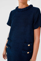 Tweed Braided Trim Crew Neck Button Welt Shift Mini Dress