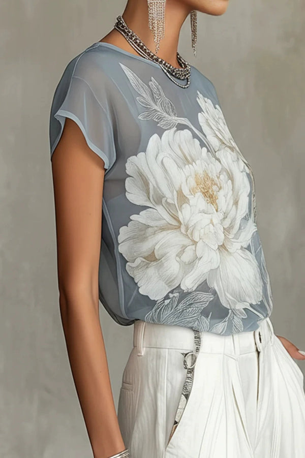 Peony Print Round Neck Chiffon Blouse