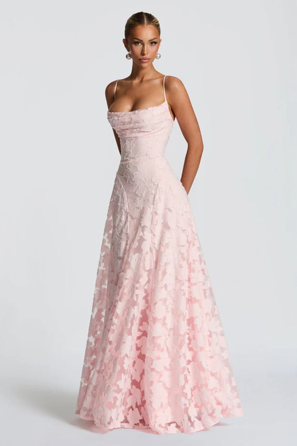 Floral Lace Spaghetti Strap Open Back Tiered Maxi Dress