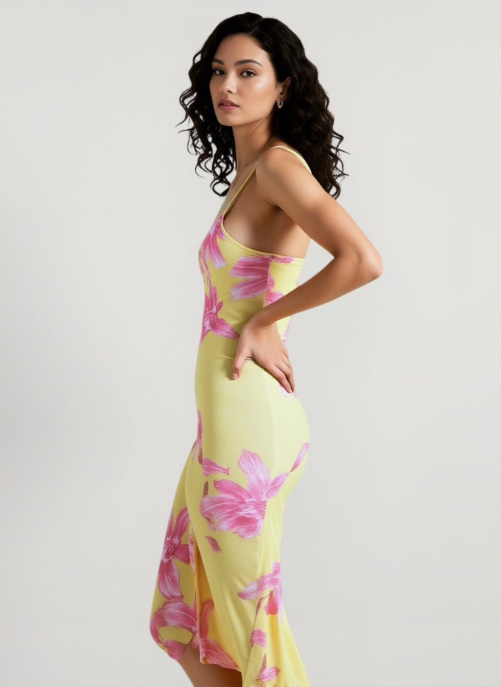 Large Floral Print Spaghetti Strap V-Neck Bodycon Maxi Dress