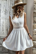Deep V Neck Lace Trim Waistband Gathered A-Line Mini Dress