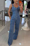 Heidi Denim Square Neck Button Back Smocked Pocket Flare Stretch Jumpsuit