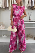 Fashionable Round Neck Shoulder Pads Top and Elastic Waist Pleated Wide-leg Pants Set