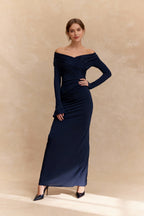 Off Shoulder Wrap Ruched Long Sleeve Sheer Sleeve Maxi Dress