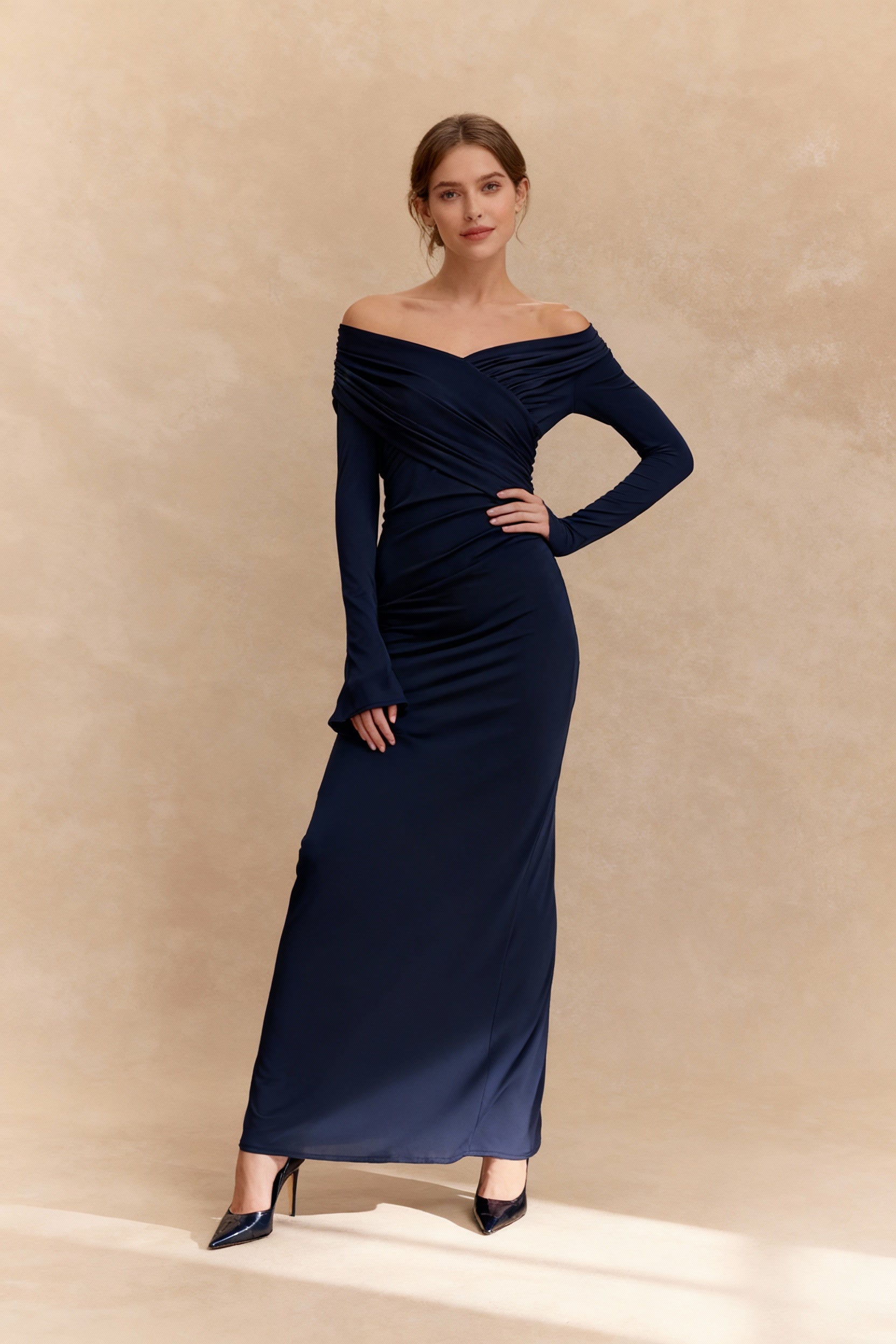 Off Shoulder Wrap Ruched Long Sleeve Sheer Sleeve Maxi Dress