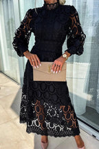 Francisca Premium Romantic, Sensual and Party Midi Dress with Crochet Lace and Lantern Sleeves Chic Silhouette Collection