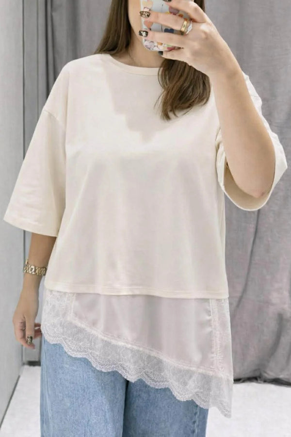 Stylish Round Neck Short-sleeved Patchwork Lace Hem Loose T-shirt