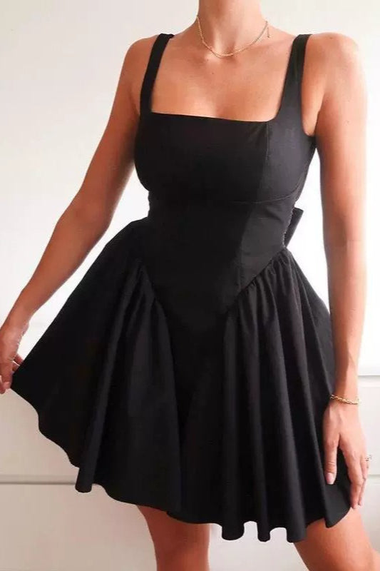 Square Neck Corset Basque Waist Bow Back Pleated Mini Dress