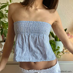 Aesthetic Gingham Smocked Tube Ruched Bandeau Crop Top
