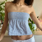 Aesthetic Gingham Smocked Tube Ruched Bandeau Crop Top