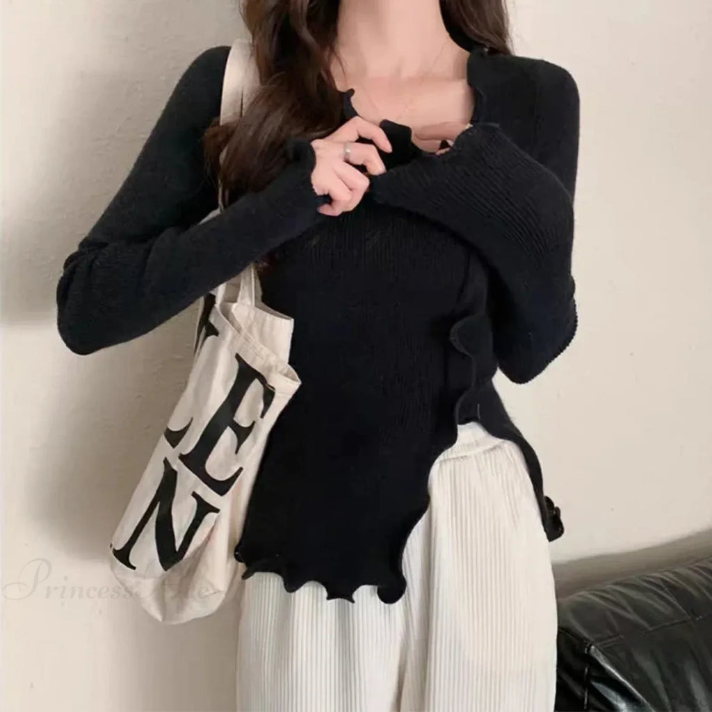 Aesthetic Irregular Ruffles Knit Crop Solid Long Sleeve Knit Top