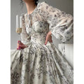 Keyhole Neck Puff Sleeve Botanical Toile Print Tiered Maxi Dress