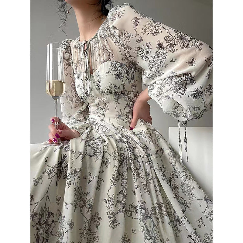 Keyhole Neck Puff Sleeve Botanical Toile Print Tiered Maxi Dress