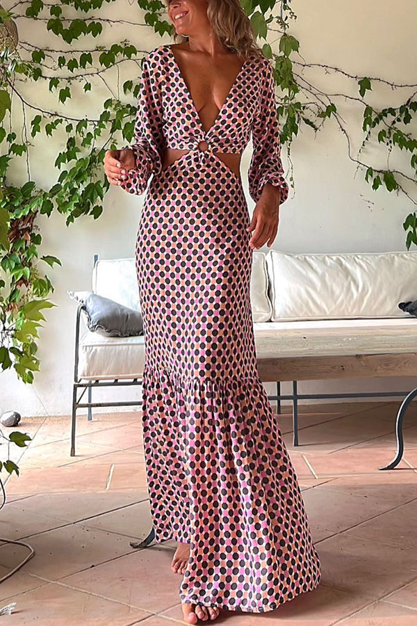 Geometric Print Deep V-Neck Balloon Sleeve O-Ring Waist Cut Out Maxi Dress
