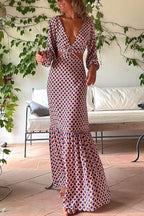 Geometric Print Deep V-Neck Balloon Sleeve O-Ring Waist Cut Out Maxi Dress