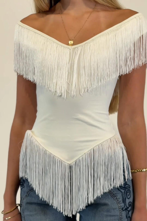 Solid Color V-neck Off-shoulder Tassel Fitted Top