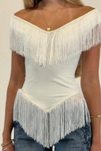 Solid Color V-neck Off-shoulder Tassel Fitted Top