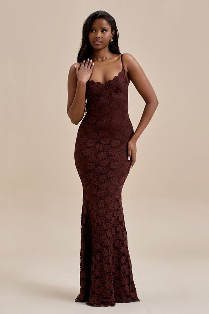 Lace Spaghetti Strap Sweetheart Corset Mermaid Maxi Dress
