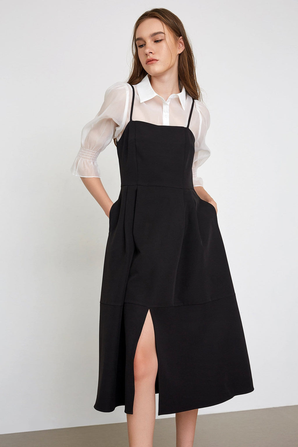 Square Neck Spaghetti Strap Front Slit Pocket A-Line Midi Dress