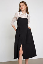 Square Neck Spaghetti Strap Front Slit Pocket A-Line Midi Dress