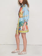Tropical Scenic Print Balloon Sleeve Tie Waist Shirt Mini Dress