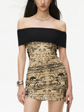 Vintage Print Splice Off Shoulder Mini Dress