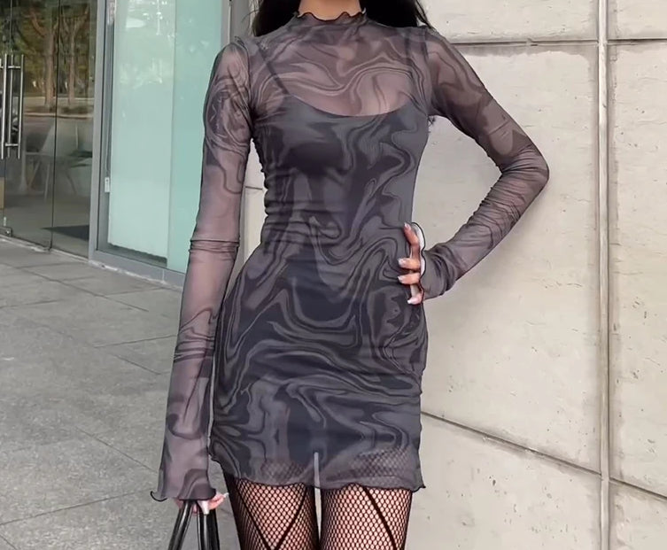 Marble Print Mesh Mock Neck Lettuce Trim Long Sleeve Bodycon Mini Dress