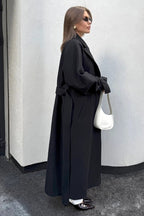 Longline Wool Blend Tie Waist Loose Elegant Overcoat